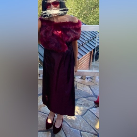 Vintage Ann Taylor Loft Burgundy Strapless Dress,  Faux Fur Stole &Heart Glasses - Picture 2 of 16